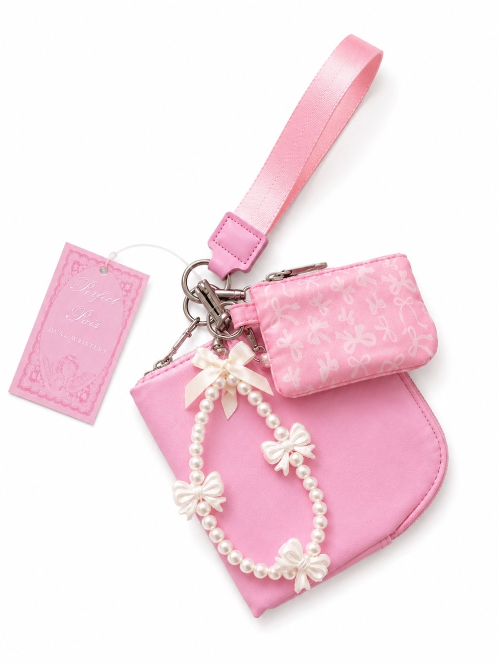 Pink Dual Wristlet Keychain Coin Pouch Card Holder Pearl Bow Charm NWT - Picture 7 of 8